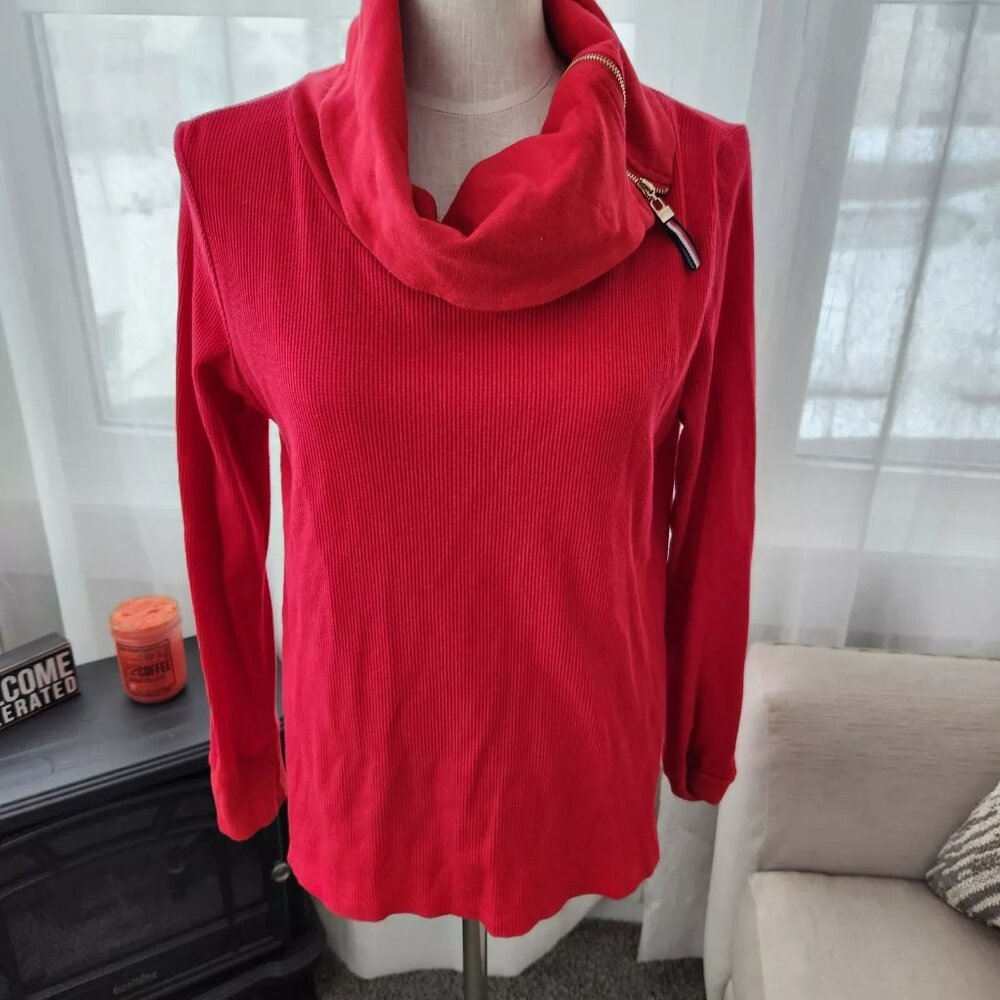 Izod womens red zipper cowl neck waffle knit long sleeve top XL